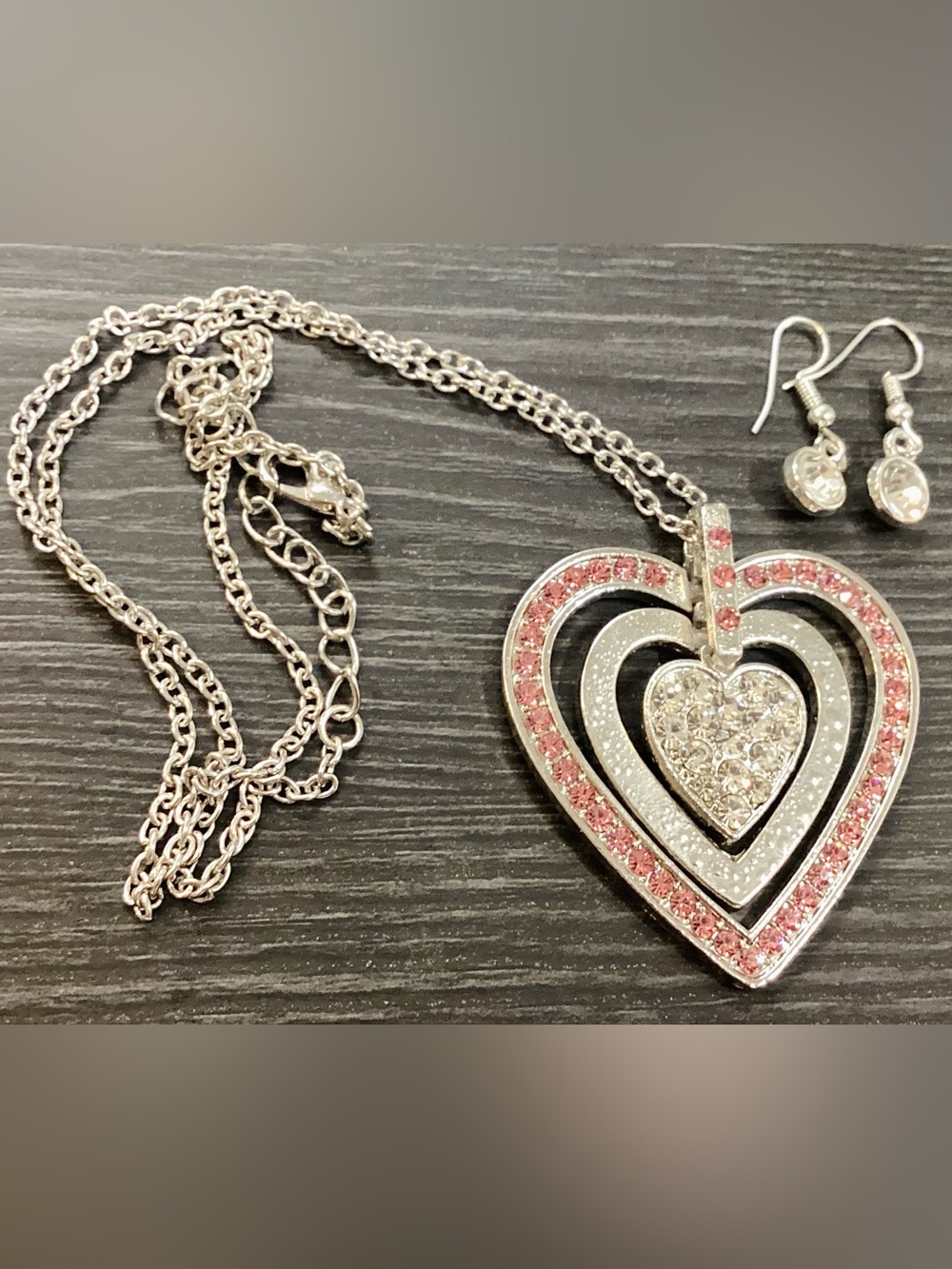 Pink & Clear Crystal Layered Heart Necklace & Earrings Set 💗